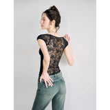 Sexy Hottie Lace Splicing Shoulder Short-Sleeved T-Shirt Girl Summer New Slimming Short-Term Umbilly Blouse Tide
