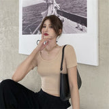 Ins Pure-Breining Style Short Sleeves And U-Necked Short-Sleeved T-Shirt Women's Collarbone Low-Chest Short-Sleeved Topess