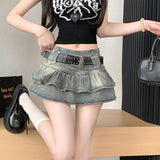 2026 Summer New Women's College Hottie Super Short Cowboy Cake Skirt Sexy Ponmp Skirt Half Dress