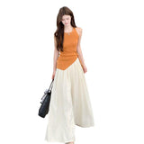 French Casual Suit Summer Pure Sleeveless Irregular Repair T-Shirt Girl + High-Rise Wide Leg Pants Two Sets