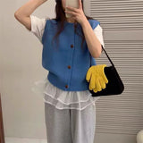 KANING Korean Round-Neck Knitted Vest Cardigan Women 2026 Early Autumn New Loose Sleeveless Shoulder Coat