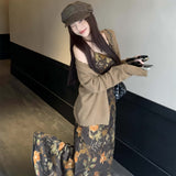 Loose-Carded Long-Sleeved Coat Women's Autumn With Sling Dress Retro Floral Dress Two