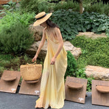 Yellow Temperament Seaside Resort Windy Dress Fainting V-Neck Zipper Sling Dress Women's Summer