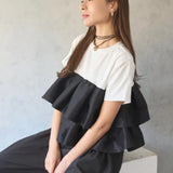 Real Shooting A Large Number Of Summer New Double-Layer Lotus Edge Spliced Women's Black And White Cotton Tops