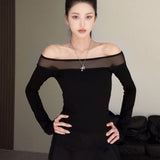 Spice Girls Sexy Mesh Splicing A Word Shoulder Long-Sleeved T-Shirt Girl Spring New Slimming Inside A Niche Top