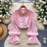 French Design Sense Of A Small Chic Top Female Heavy Industry Nail Lace Splicing Bead Mesh Yarn Shirt Female Gentle Wind