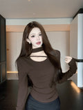 Pure Style Hot Girl Hanging Neck Long Sleeve Top Girl Autumn And Winter Thick De Velvet Design Sense Niche Hollow Bottom Shirt Top