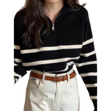 KANING Korean Version Of Half-Zip Soft-Creinous Striped Sweater 2026 Autumn New Retro Semi-High-Collar Knitted Shirt Woman