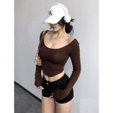 Solid Color U Neck Collar Collar Collar Long-Sleeved T-Shirt Girls Spring And Autumn Basic Big Necktip Sexy Hottie With Short Top