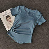 Design Sense Short Sleeve With Chest Cushion Sports T-Shirt Women Running Fitness Elastic External Wearing Thin Top Yoga Suit