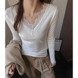 Lace Lace V-Neck Long Sleeve Shirt Lady With Autumn And Winter Thread De-Later Design Positive Shoulder T-Shirt