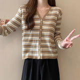 KANING Port Wind Sweet V-Neck Striped Knitted Cardigan Women 2026 Autumn New Ocean Gas Thin Sweater Outside