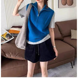 KANING Simple Half-Zip Half-Neck Knitted Vest 2026 Autumn New Folding Shoulder Sweater Vest