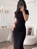 Women's Summer Dress Sexy Temperament Pure Round Collar Short-Sleeved Long Women's Dress Dress