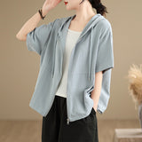 Real Shooting Summer New Hooded Solid Color Casual Pocket Shirt Zipper Small Jacket Under The Sleepe Rope Top