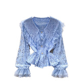 French Name Lace Splicing Doll Collar Horn Lace Lace Truss Lace Truss Truss Tucked Single Buckle Thin Sleeve Shirt