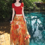 Vintage Bright Atmosphere Red T-Shirt Top + Oil Painting Large Flower Skirt Dress 2026 Summer
