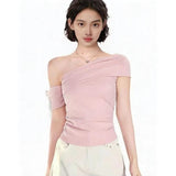 Fashion Pink Temperament Out-Shoulder Short-Sleeved T-Shirt Girl Spring New Slim Lean Shoulder Inside The Sexy Blouse Tide