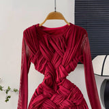 Design Pressure Folded Waist Thin Temperament Light Style Women's Spring New French Dress Long Folded Dress