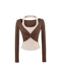 Hottie Wind Hanging Neck Color Fake Two Long-Sleeved T-Shirt Girl Design Tight Sex Sexy Bottom Short Top