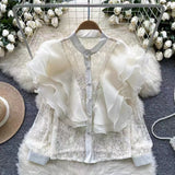 French Small Luxury Three-Dimensional Lotus Side Splicing Round Collar Pearl Single Buckle Lace Jersey Top