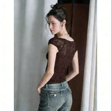 Vintage Coffee Collar Straight Shoulder Short-Sleeved T-Shirt Girl Spring New Tight Body Thin Ins Blouse Tide