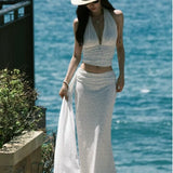 Sexy Seaside Resort Style French Wave Dot V-Neck Hanging Neck Vest Top + Hip Half Skirt Woman Summer Two Sets
