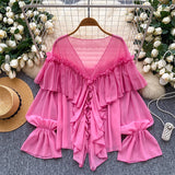 Fairy Top 2025 Summer Languid Temperament Famous Lotus Leaf Side Splicing Horn Sleeve Chiffon Shirt Loose Shirt