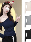 Pure Hot Girl Slimming Thin Shoulder Long-Sleeved T-Shirt Women's Early Autumn Design Feeling Hit-Shirt Student Top