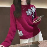 Kaning French Heavy-Industrial Handmade Flower Knitwear 2026 Spring New Shoulder Sleeves Weighted Sweater Women