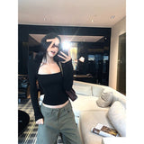 Morning Collar [Original Practice - Front Double Layer] Spice Girls Black Long-Sleeved T-Shirt Girl Autumn Collar Slimming