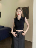 Fashion Hottie Style Sexy Polo Tie Sling Vest Women Summer Design Sense Slim Slim Short Top