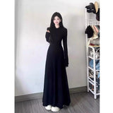 Autumn French Hepburn Black Long-Sleeved Collar Dress Femininity Elegant Height Waist A Long Dress