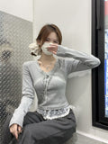 Autumn Ins Pure Desire To Sexy Low-Breast V-Neck De Velvet Lace Splicing Long-Sleeved T-Shirts For Girls With Short Bottom Tops