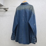 Standing Autumn And Winter Collar Bubble Long Sleeves Big Button Design Retro Washing Color Loose Street Trendy Denim Shirt