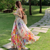 Colored Flower Exposed Shoulder Sling Dress French Women's Summer Waist Swing Skirt Seaside Style Dress