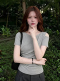 Korean Double Gray Shoulder Design Embossed Short-Sleeved T-Shirt Women's Oblique Shoulder