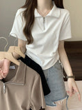 Casual Style POLO Neck Zipper Front Shoulder Short Sleeve T-Shirt Women's Summer Design Suction Rope Strap To Repair Short Blouse