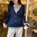 Snow Cotton Korean Autumn And Winter Sweet Wind And Fake Two Spliced Long-Sleeved T-Shirt Women's Top Half Open Collar Small Fragrant Blouse