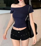 Sexy Hottie Shoulder Slim Short-Sleeved T-Shirt Girl Summer New Fashion Pure Want To Show Thin Umbilly Bottom Tops Women T