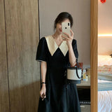 Hepburn Style Splicing Colliding Color Doll Collar Dress Senior Feeling Girl Summer Loose Adjustment Waist A Word Long Skirt