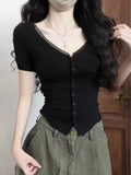 Pure-Want-Style Sexy V-Neck Lace Spliced Short-Sleeved T-Shirt Woman 2026 Summer New Hottie Slim Top