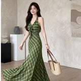 Fresh Green Lattice Out-Shoulder Hanging Neck Dress Female Xia Sen Style Temperament High Tice With A-Word Dress