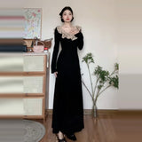 Autumn And Winter Black Lace Stitching Cross-Tie With Long-Sleeved Dress High Sense Hepburn Style Temperament A-Character Dress Woman