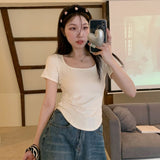2026 Summer New Pure Windy U Collar Hottie Top Slimming Irregular Short-Sleeved T-Shirt Girl Ins