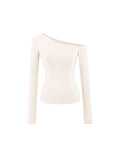 Solid Color Oblique Shoulder Shoulder-To-Shoulder Knitted Long-Sleeved Hottie Design Feel Bottom Blouse T-Shirt