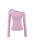 Solid Color Oblique Shoulder Shoulder-To-Shoulder Knitted Long-Sleeved Hottie Design Feel Bottom Blouse T-Shirt