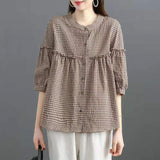 2025 New Imitation Cotton Shirt Women Seven-Point Sleeve Korean Version Of Loose Leisure Size Shirt Lined-Up Top