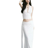 Sexy Seaside Resort Style French Wave Dot V-Neck Hanging Neck Vest Top + Hip Half Skirt Woman Summer Two Sets