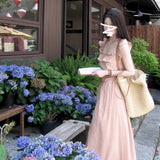 Sweet Pink Flying Sleeve Tea Break Dress Dress Women's New Summer Side-Neck Waist Gentle French Fairy Dress